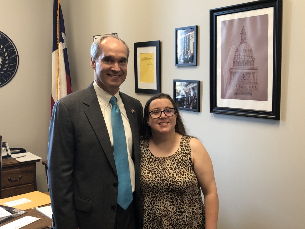 State Rep. Mike Schofield, whose district includes the Harris County portion of Katy, opened his new district office Thursday. His new office is at 22910 Colonial Parkway, which is on the ground floor of the new Houston Community College building. Here he poses with Shelby Day, a Special Olympics athlete and advocate, in his new office.